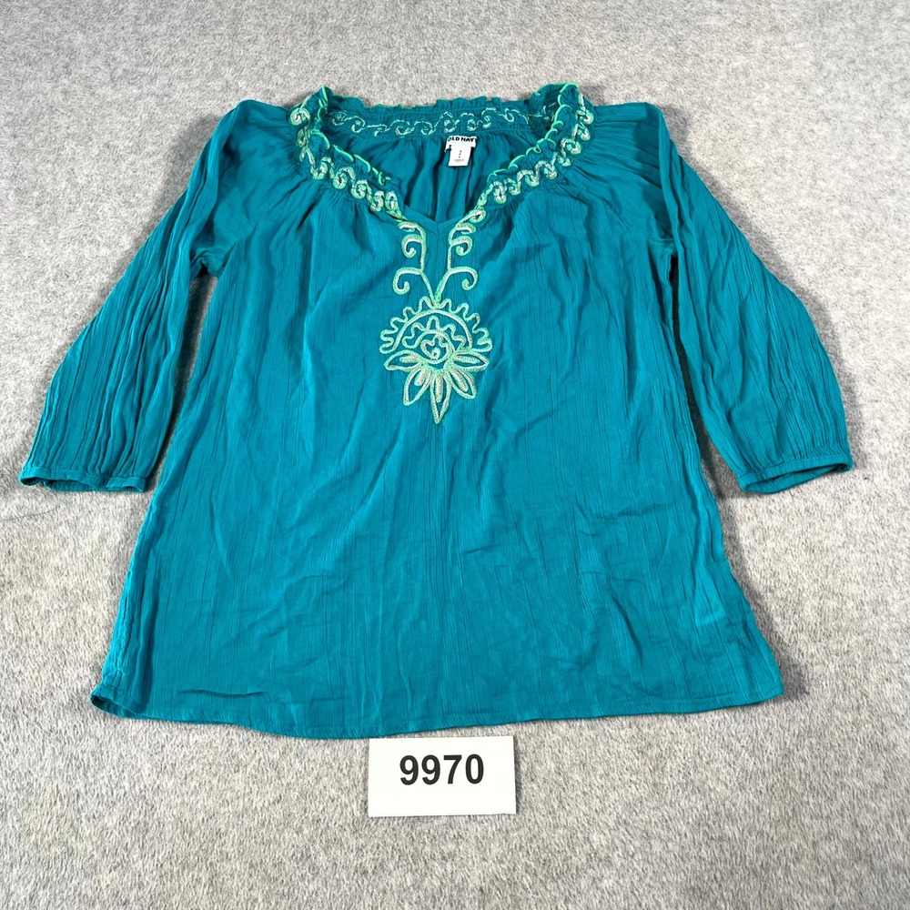 Old Navy Blouse Top Womens Small Teal Blue Embroidered V Neck Cotton Casual